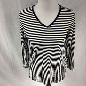 Liz Claiborne Liz & Co Small Blue White Striped Top long sleeves vneck easycare